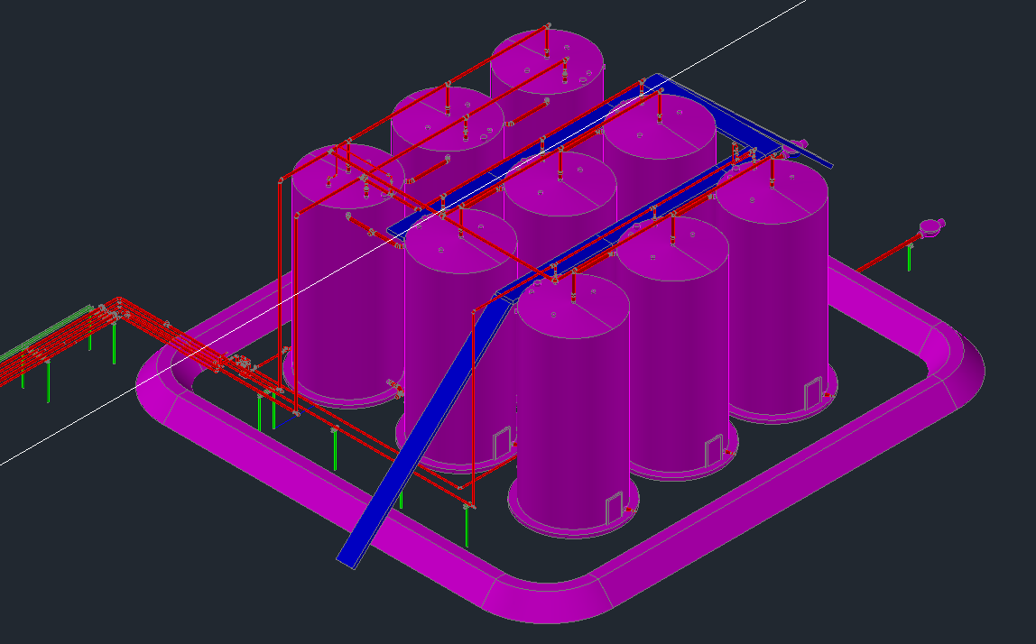 A computer generated image of a row of purple tanks.