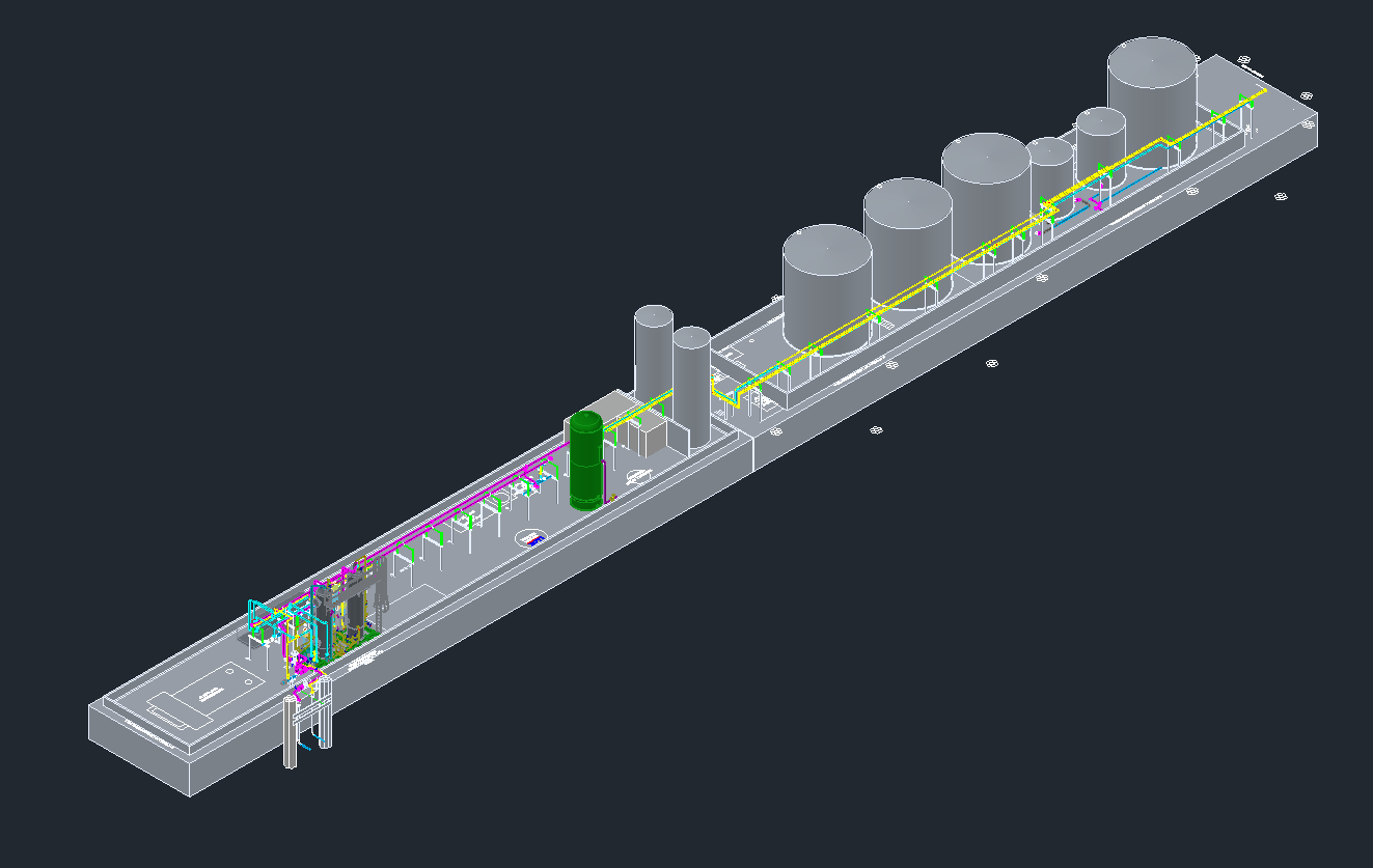 A 3d model of a factory with tanks and pipes on a black background.