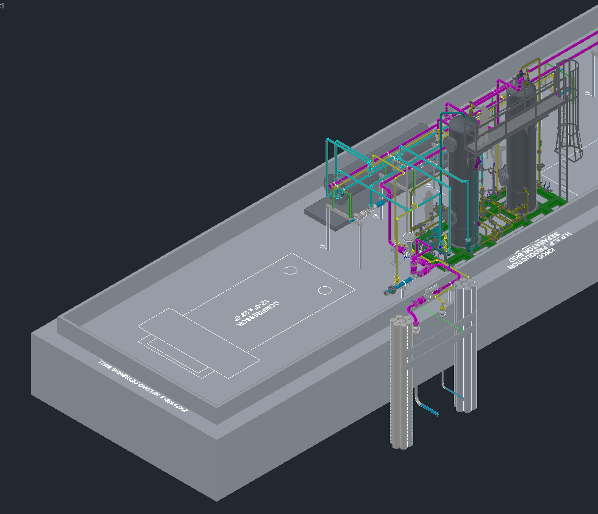 A 3d model of a building with a lot of pipes