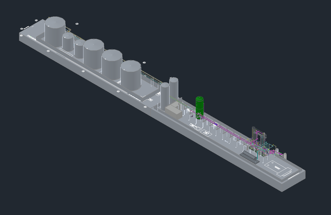 A 3d model of a row of tanks on a dock.