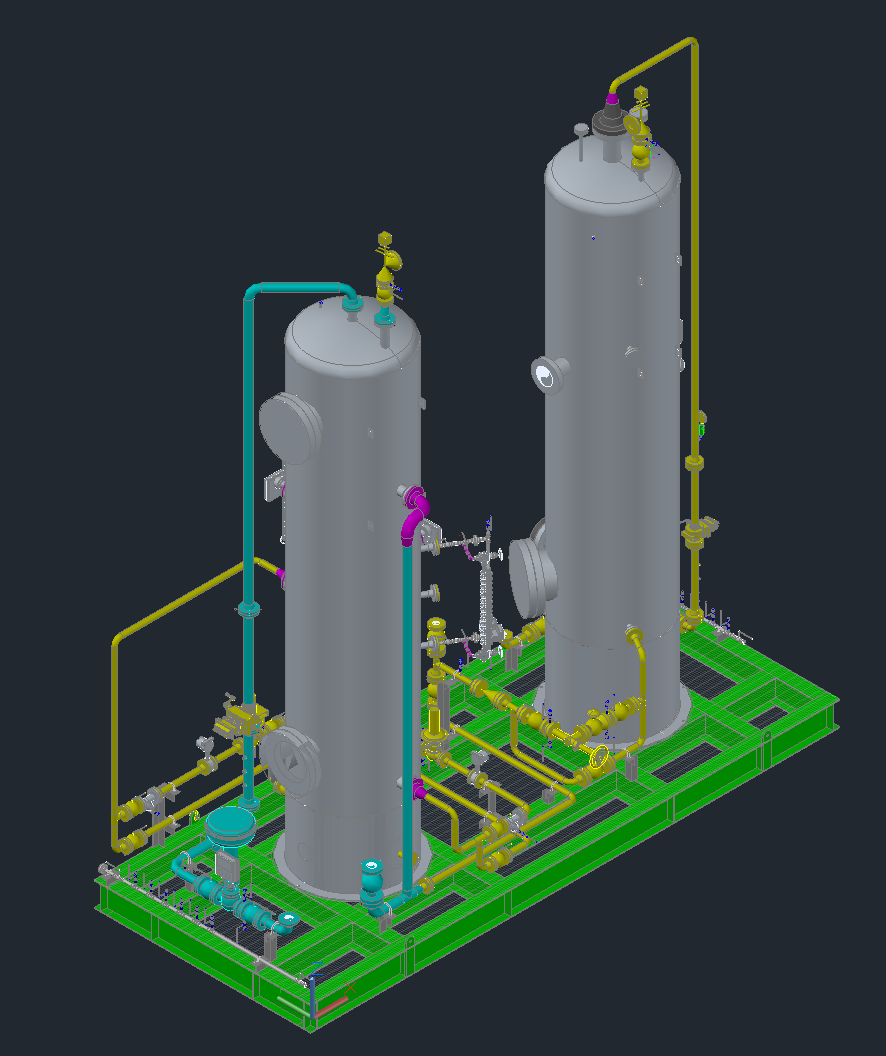 A 3d model of a chemical plant with two tanks and pipes.
