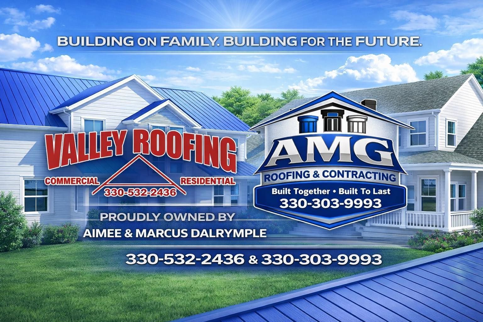 Advertisement for Valley Roofing and AMG Roofing, featuring houses with blue roofs and company contact information.