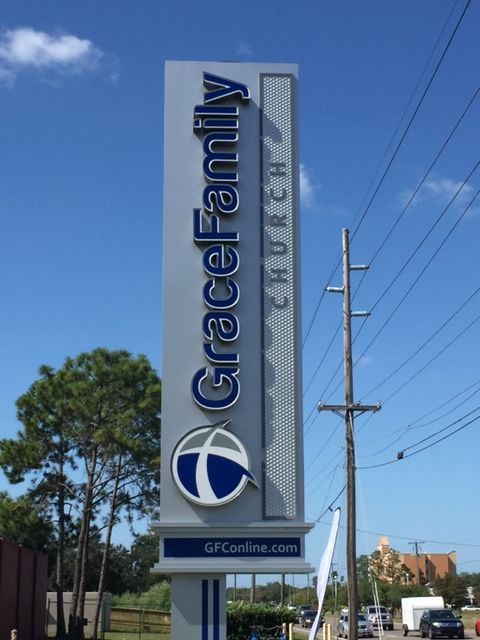 Grace Family Church sign against a blue sky