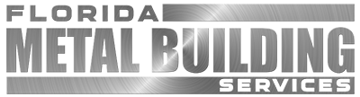 Logo for Florida Metal Building Services with bold silver text on a dark, textured background.