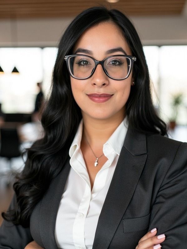 A professional portrait of a person in a black blazer and white shirt, wearing glasses and a necklace in an office.