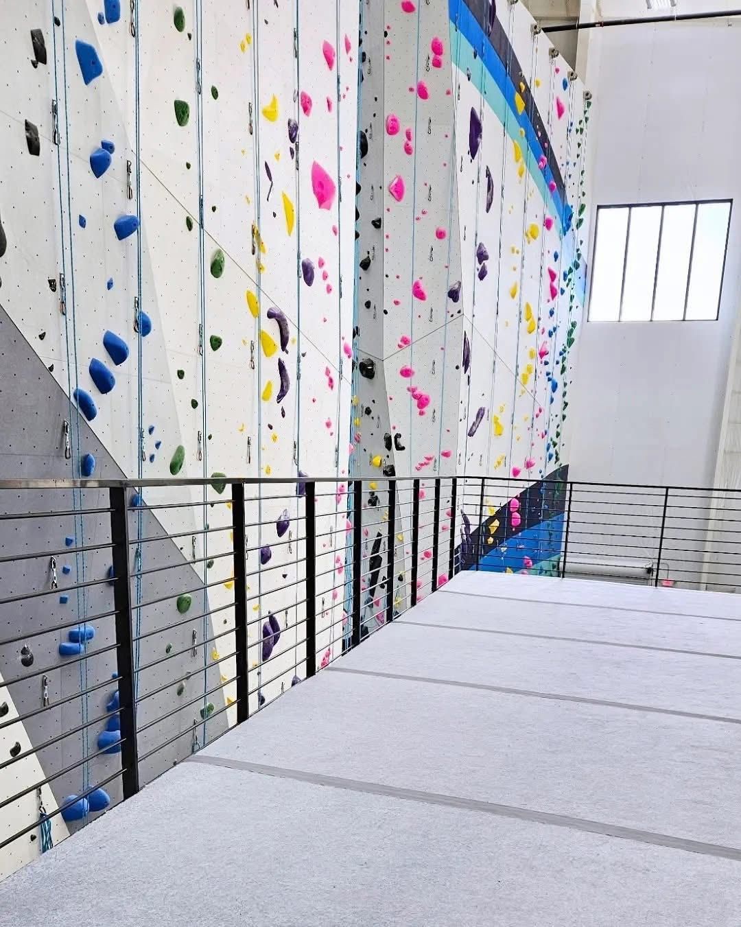 Indoor climbing gym wall with colorful holds and safety mats below.