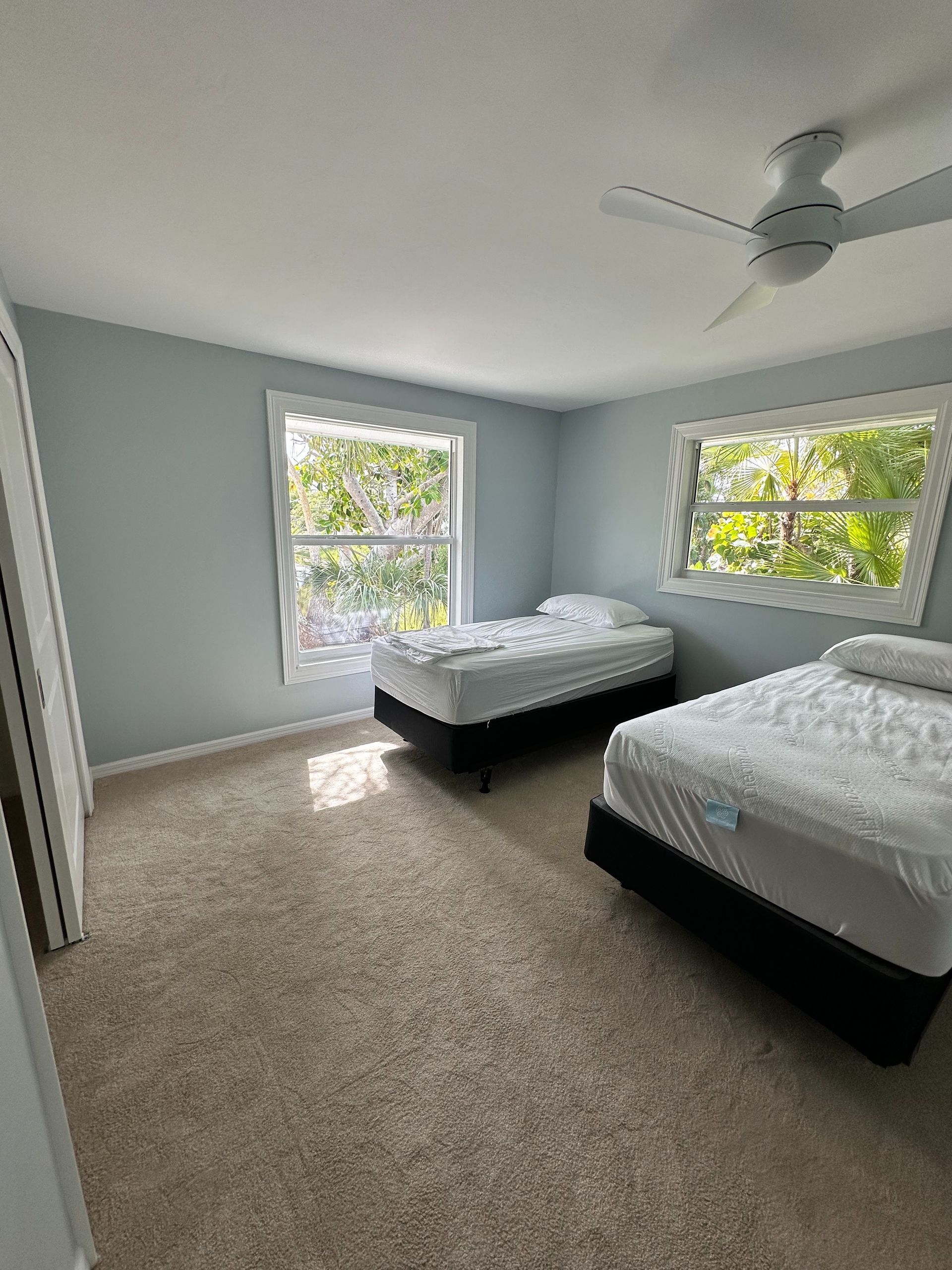 Two twin beds in a bedroom with light blue walls, two windows, and a ceiling fan.