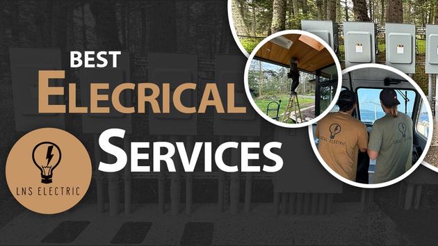 Promotional graphic for Best Electrical Services with technicians and equipment on a dark background