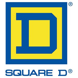 Square D logo: blue D inside a yellow square with blue border, “SQUARE D” text below.