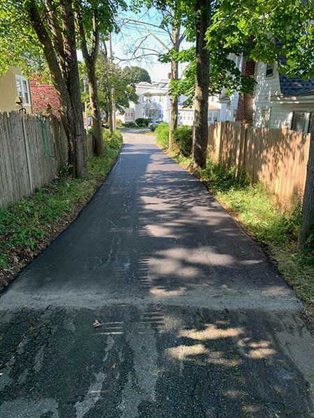 A narrow street with trees on both sides and a fence.
