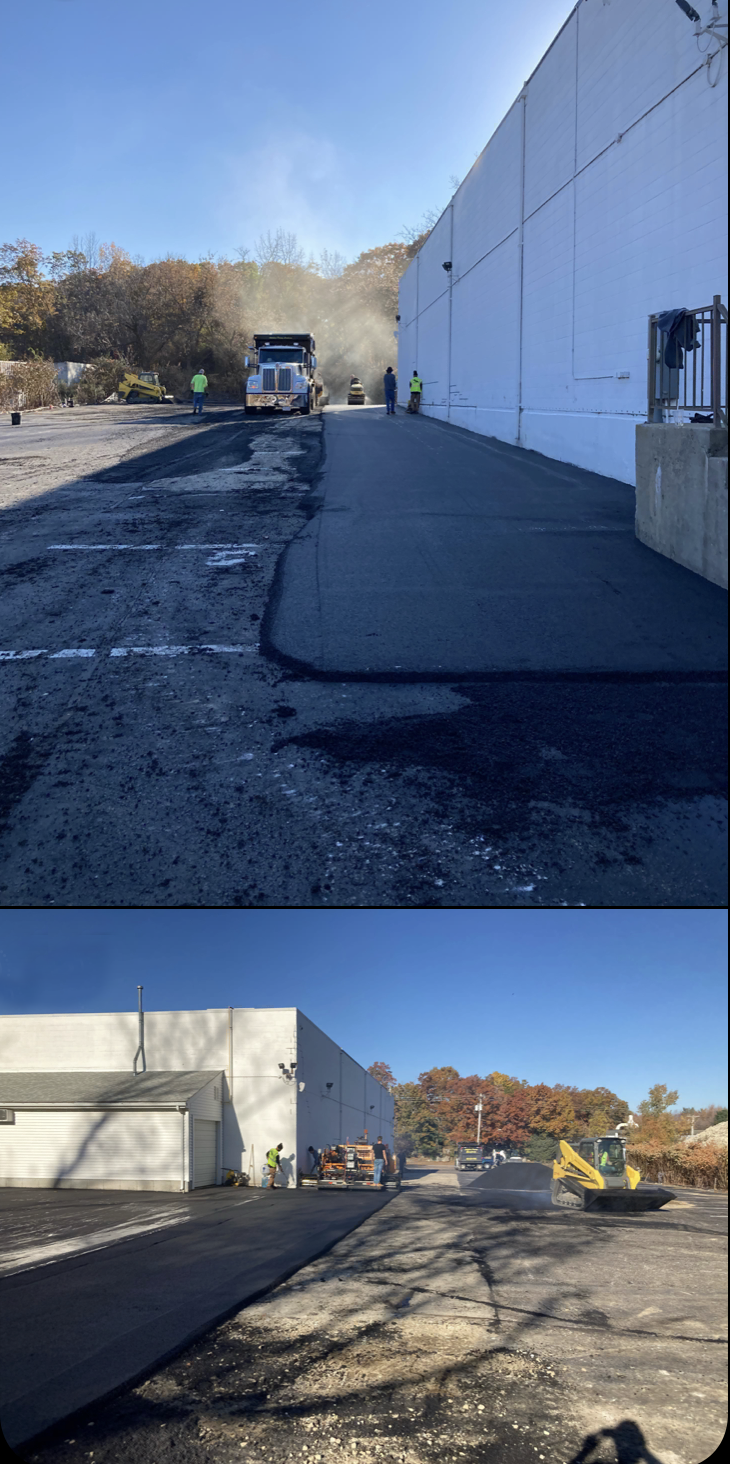 A before and after picture of a road being paved in front of a building.