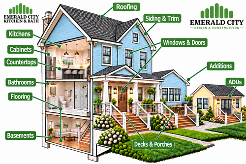 Annotated house diagram showing labeled home parts like roofing, siding, windows, doors, decks, ADUs, and additions