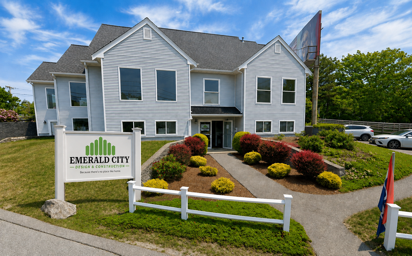 Exterior of Emerald City building with landscaped shrubs, white siding, and a sign in front.