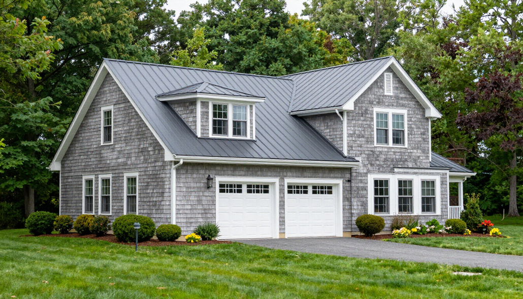 Large gray-blue house with white trim, stone foundation, and a green lawn surrounded by tall trees