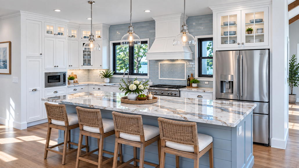 Modern kitchen with white cabinets, marble island, pendant lights, and a bay window above the sink.