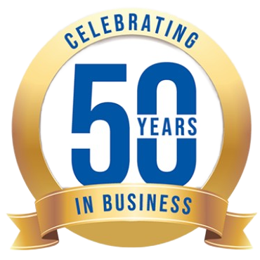Gold emblem celebrating 50 years in business blue 50 in a white circle, with gold ribbon and text.