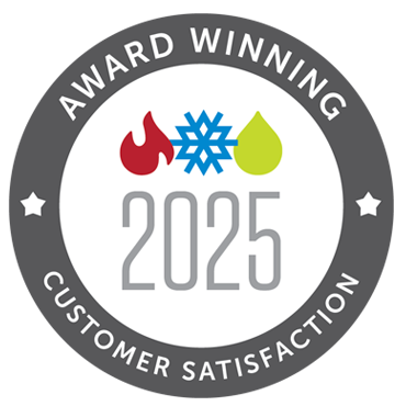 Award-winning customer satisfaction seal. Fire, snowflake, and water icons with 2025 date.