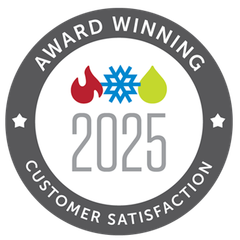 Award-winning customer satisfaction seal. Fire, snowflake, and water icons with 2025 date.