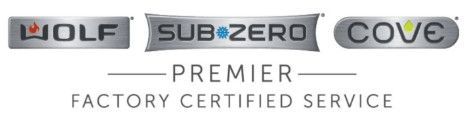Logos for Wolf, Sub-Zero, and Cove appliances with Premier Factory Certified Service text below.