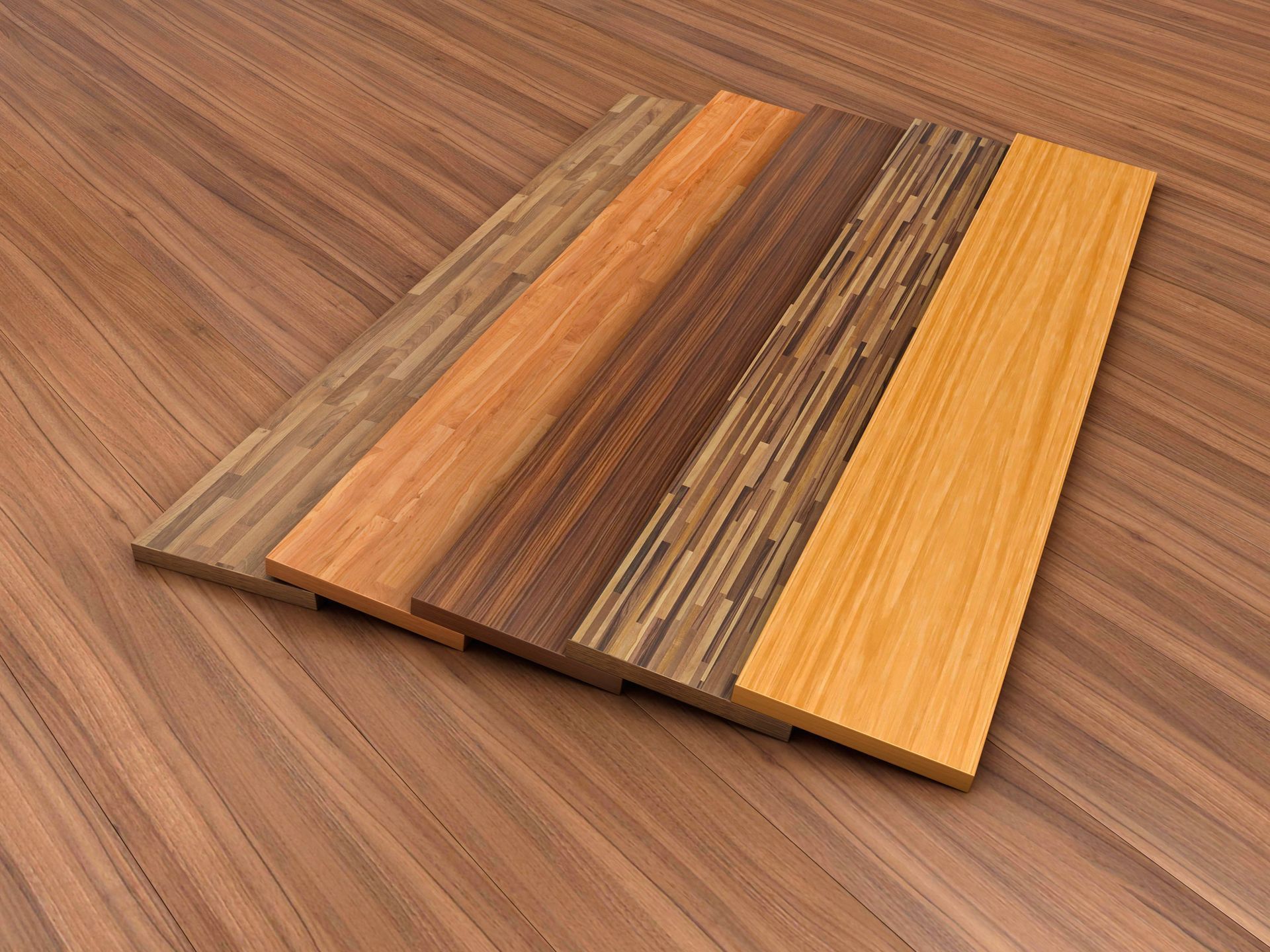 Wooden planks in various colors and grain patterns on a wood surface.