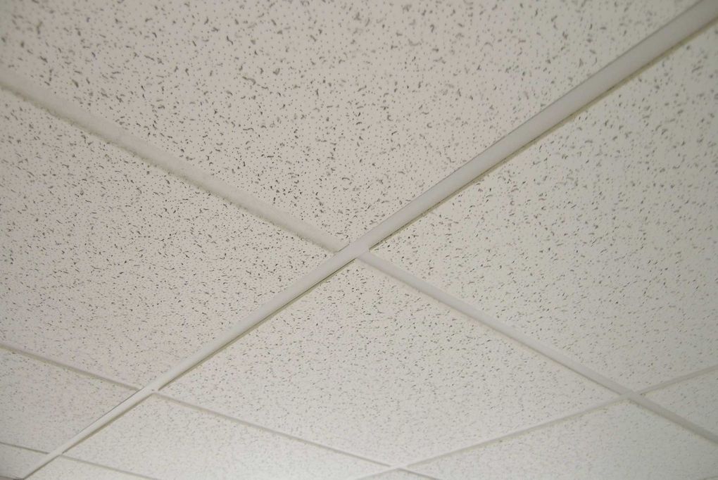 White acoustic ceiling tiles with a grid pattern.