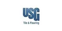 Logo for USG Tile & Flooring; blue letters against white background.