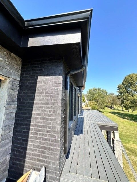 A house with black gutters and downspout.