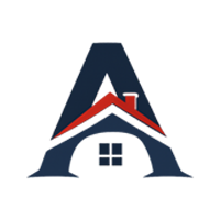 A dark blue letter "A" overlaid with a red roof, chimney, and a four-pane window, forming a house logo.