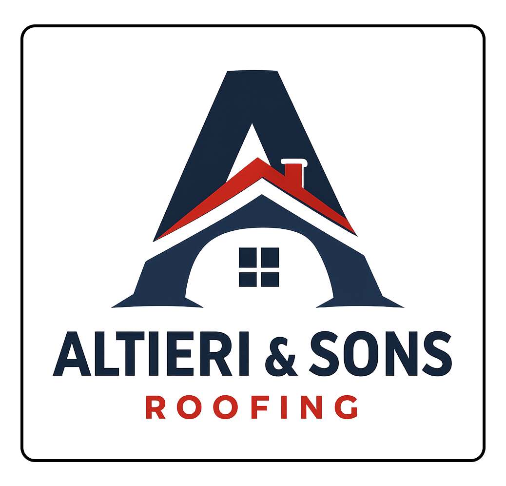 Logo for Altieri & Sons Roofing, featuring a dark blue letter A integrated with a red roof and a window.
