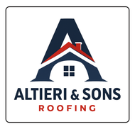 Logo for Altieri & Sons Roofing, featuring a dark blue letter A integrated with a red roof and a window.