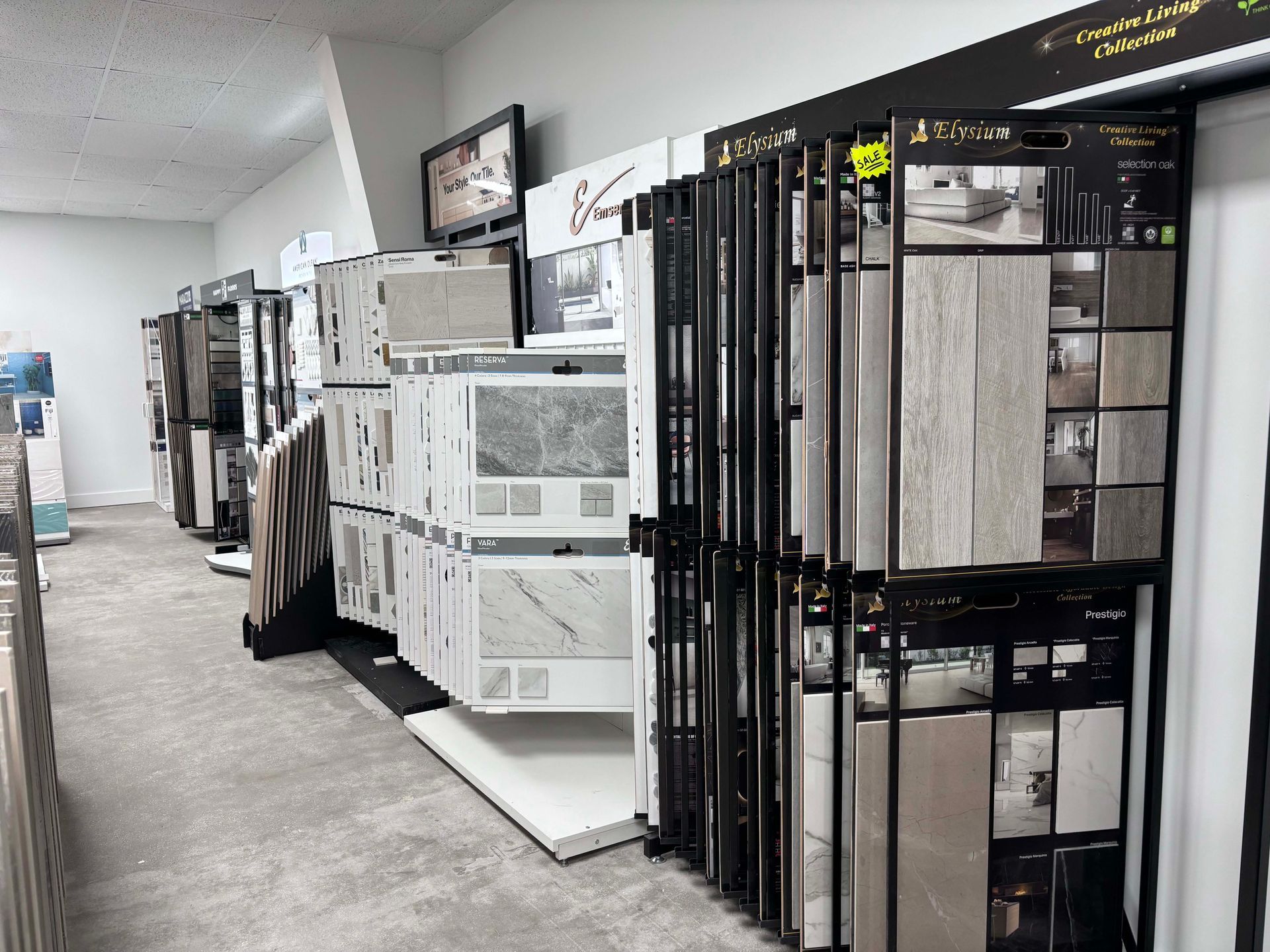 There are many different types of tiles on display in this store.