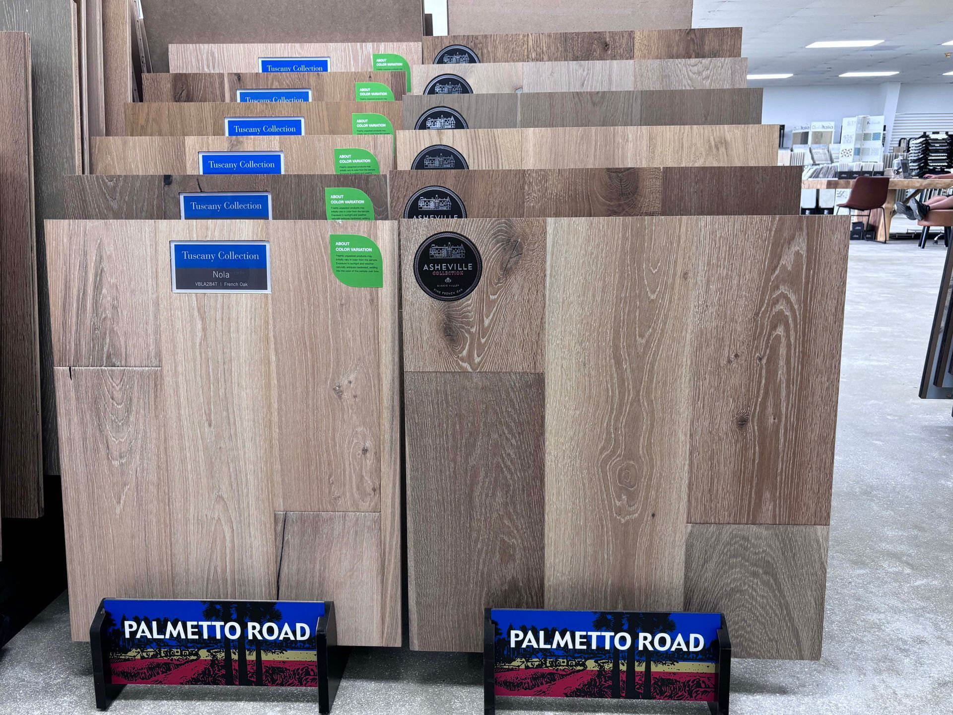 A display of palmetto road flooring in a store