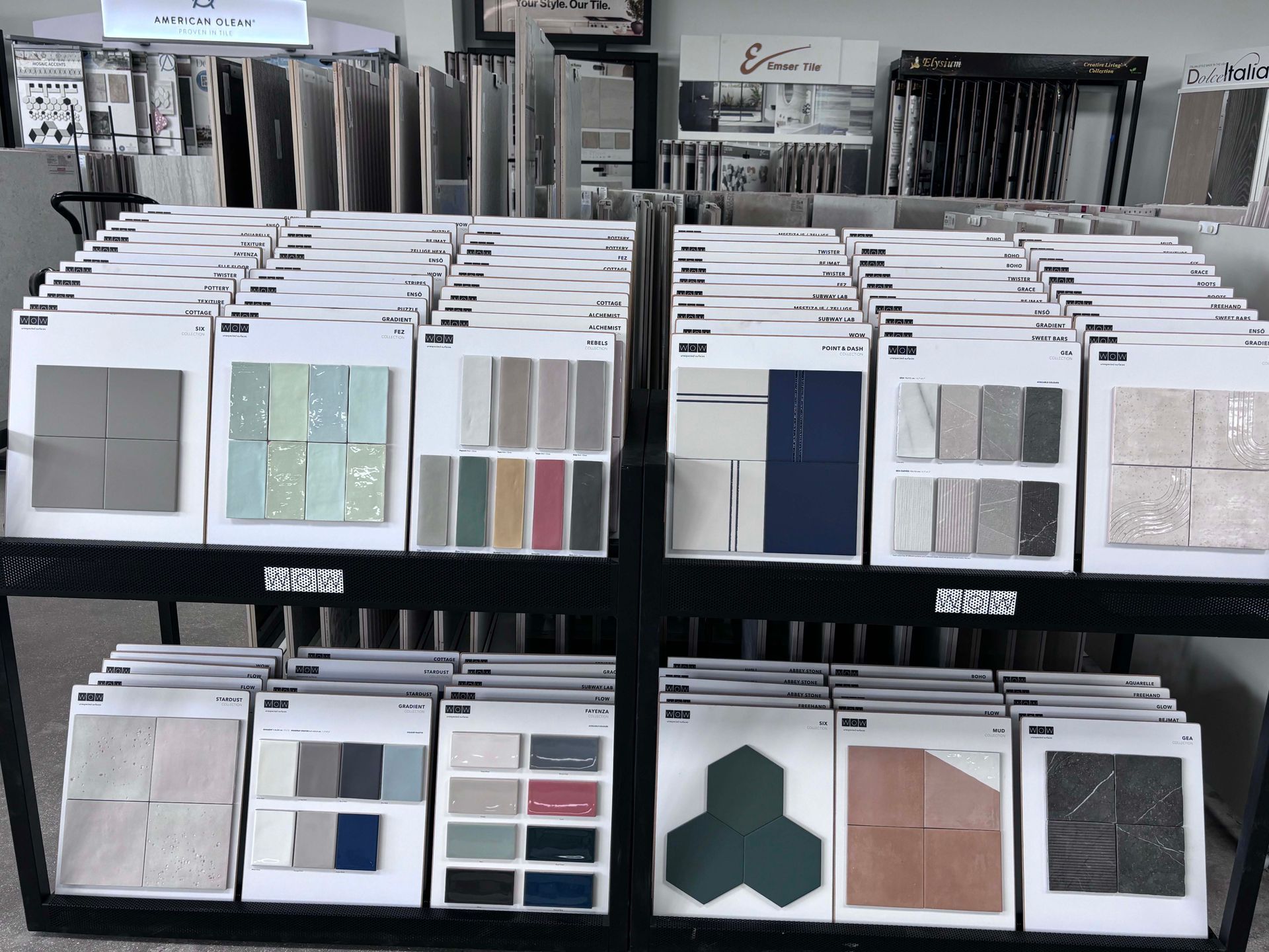 A display of tiles in a store with many different colors