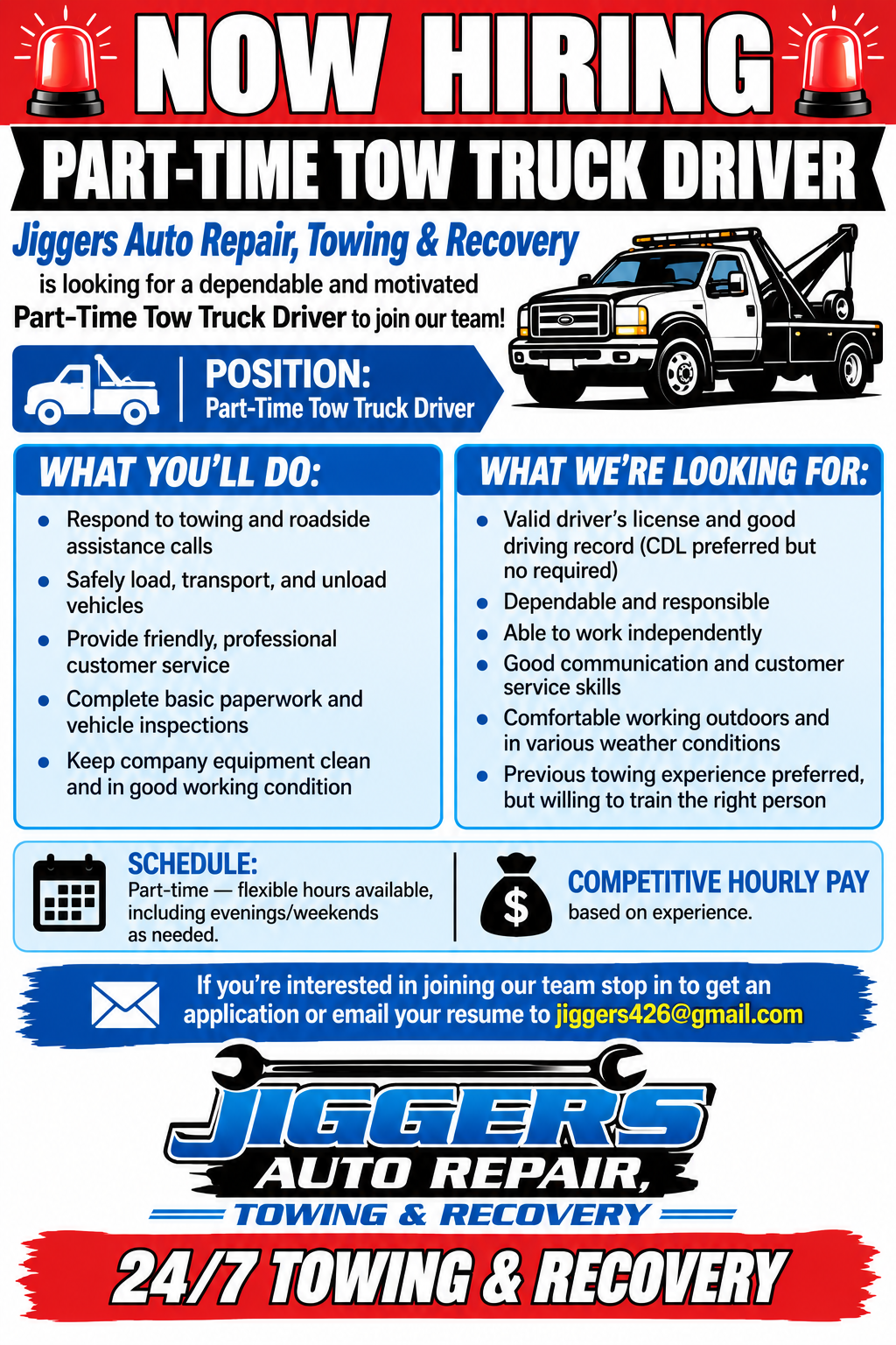 Now hiring poster for Jiggers Auto Repair, Towing & Recovery, seeking Automotive Service Technicians, Oil/Tire Change Technicians, and Class A CDL Tow Truck Drivers.