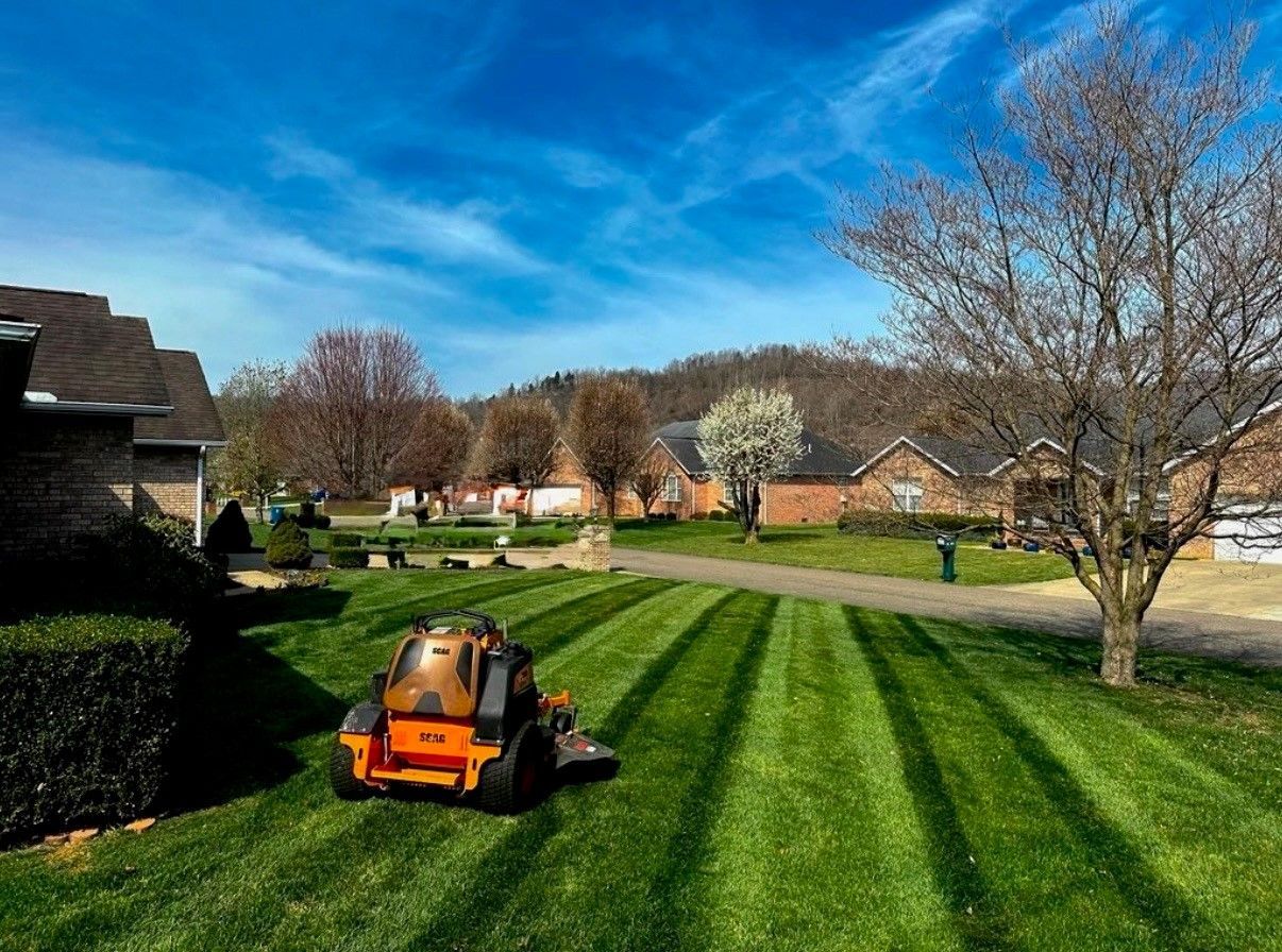 A lawn mower is cutting a lush green lawn in a residential neighborhood.