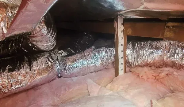 Inside an attic, insulated ductwork and wood framing are visible, amid pink insulation and a dark space.
