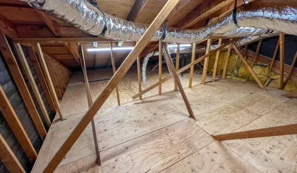 An attic space with wooden framing, plywood flooring, and HVAC ductwork.
