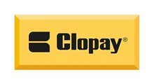Clopay logo: Black text and symbol on yellow rectangle.