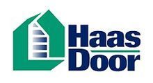 Logo for Haas Door: green house outline with a door, navy blue text.