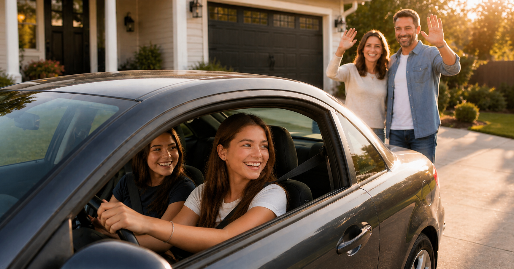 Two smiling women in a car wave goodbye to a couple standing in a driveway at sunset.