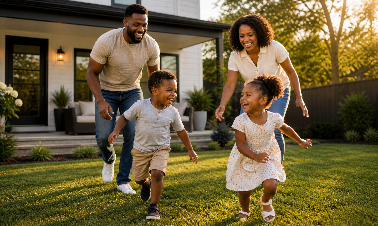 Family running and laughing on a sunny backyard lawn near a modern house.