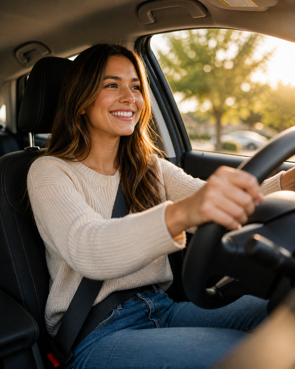 Smiling woman driving a car, wearing a beige sweater and jeans, with sunlight in the background.