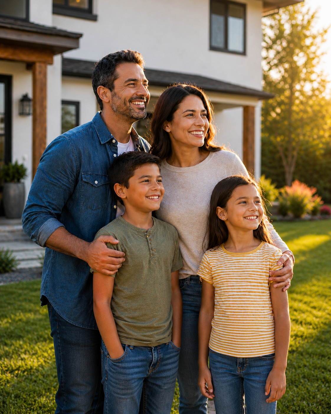 Family of four smiling outside a suburban house at sunset.
