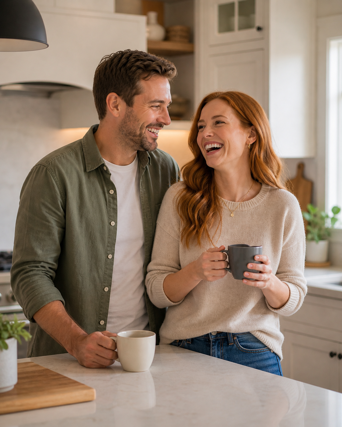 Two people smiling in a bright kitchen, holding mugs by a white counter.