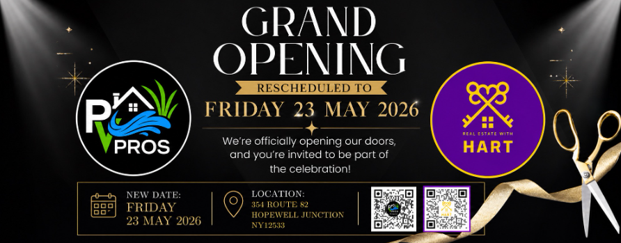 Grand opening poster for Pros Academy and HART on Friday 23 May 2026, black and gold with scissors ribbon graphic