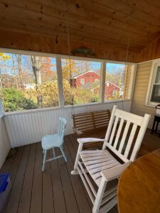 A light blue chair, a white rocking chair, and a hanging wooden swing sit on a screened-in porch overlooking trees.