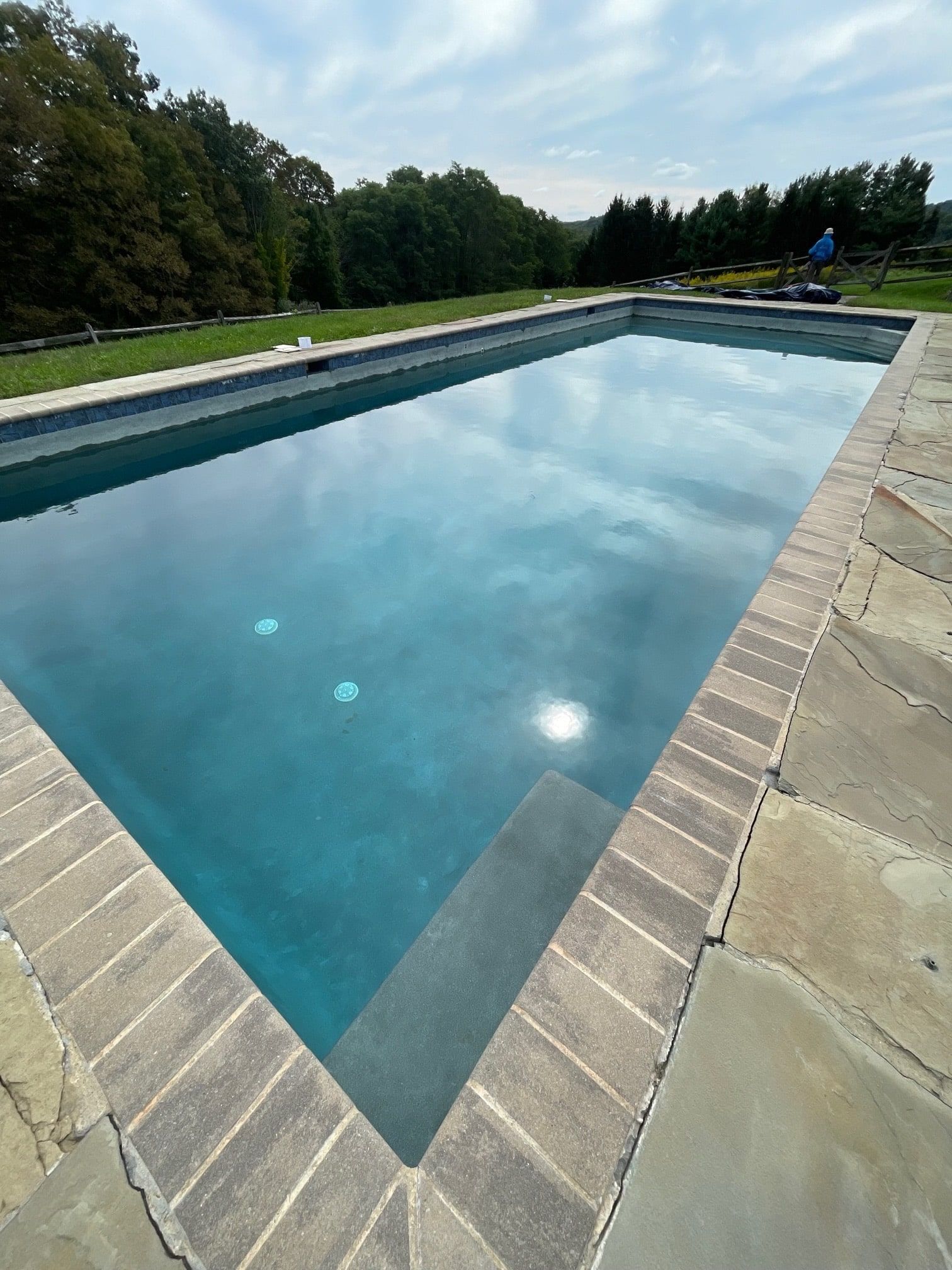 A rectangular swimming pool with dark blue water and stone coping, surrounded by a grassy lawn and trees under a blue sky.