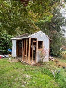 A partially dismantled, light-blue wooden shed with exposed wall framing, situated in a green backyard with mature trees.