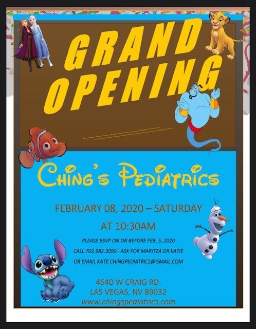 A poster for a grand opening of ching 's pediatrics