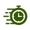 A dark green icon of a stopwatch with horizontal lines on the left, symbolizing speed or fast time.